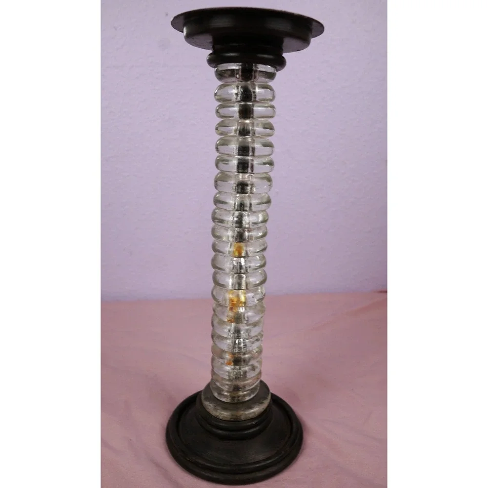 Clear Glass Beads & Dark Metal footed distressed pillar candle holder 12